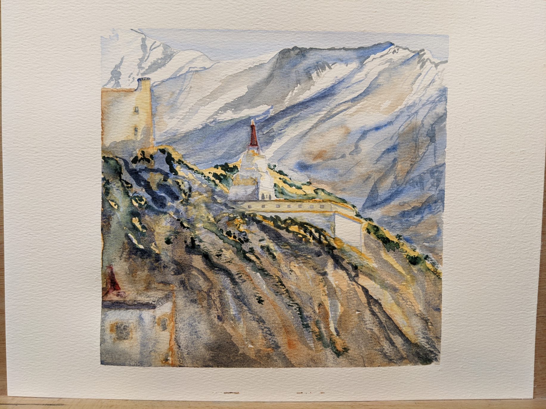 Monastery on a cliff watercolor