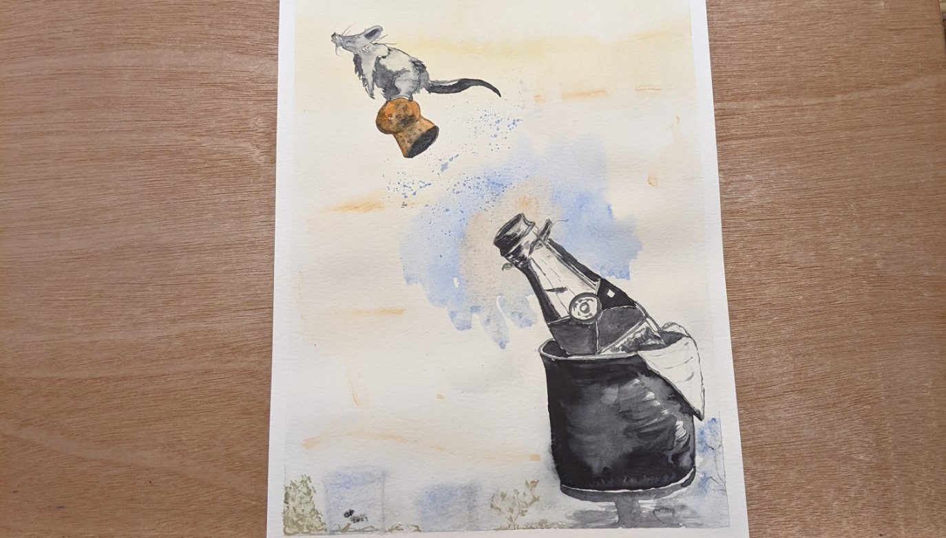 Banksy champagne mouse watercolor