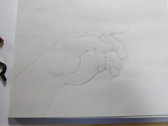 Graphite sketch of pointing left hand